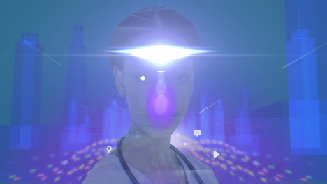 médico femenino contra modelo de ciudad en 3d sobre fondo azul