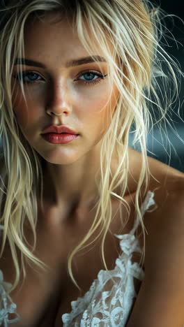 portrait of a woman with tousled hair by the water in soft light