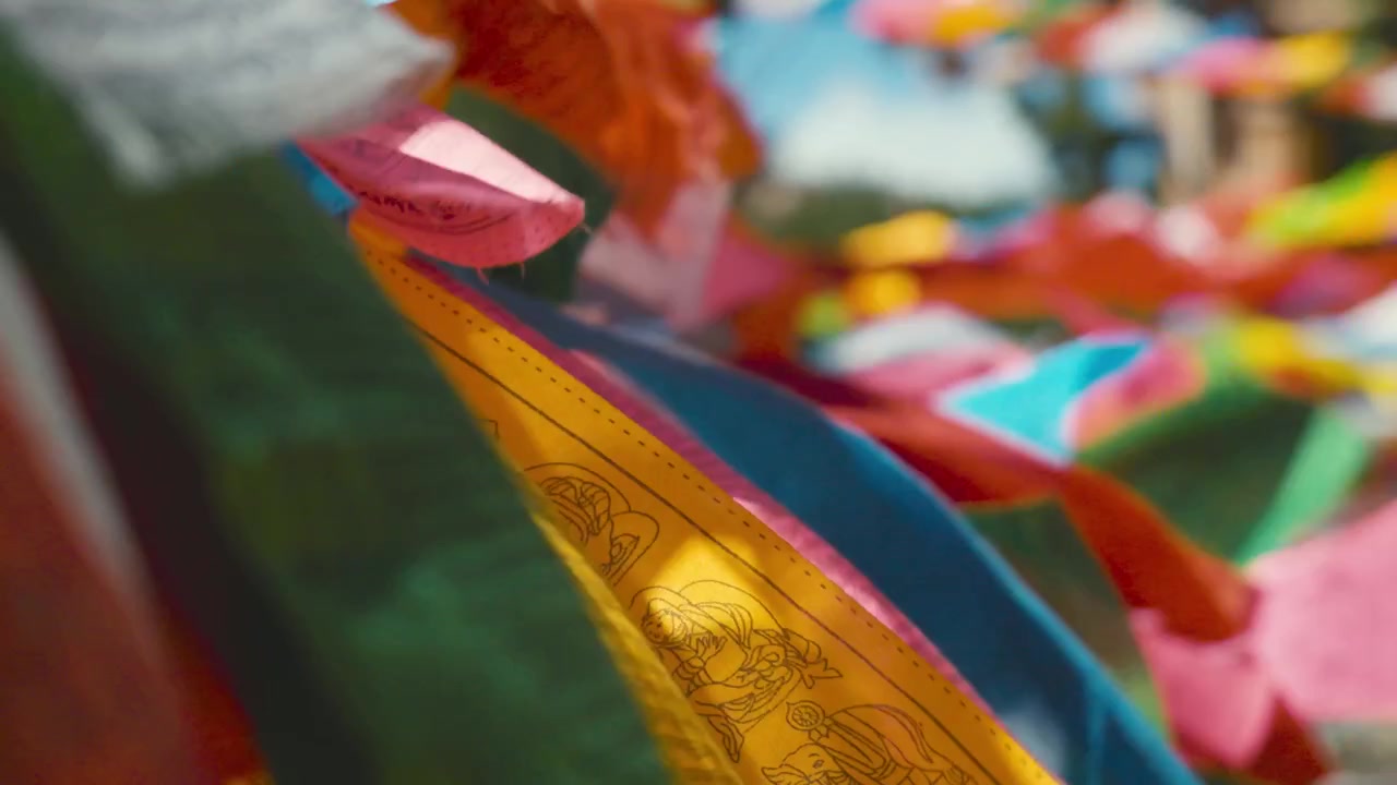 Un primer plano de coloridas banderas de oración tibetanas ondeando vívidamente con la brisa, creando una atmósfera dinámica y espiritual en la ciudad de Shangri-La