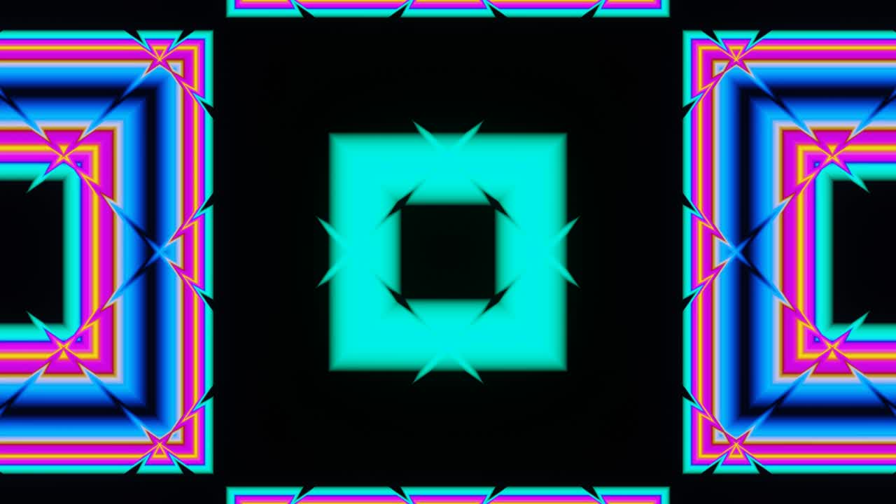 movimiento abstracto entre cuadrados multicolores sobre un fondo negro.