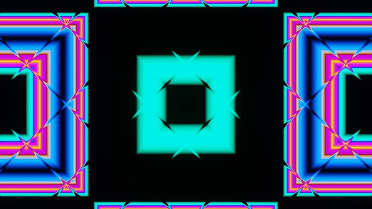 Abstract motion tween of multicolored squares on a black background.