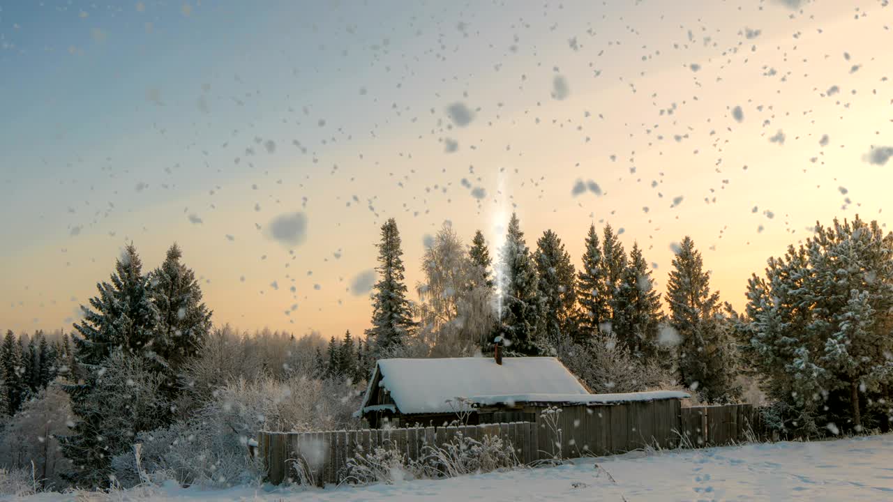 небольшая бревенчатая хижина возле леса, красивый снегопад на закате, красивый зимний пейзаж. видео цикл, cinemagrapf