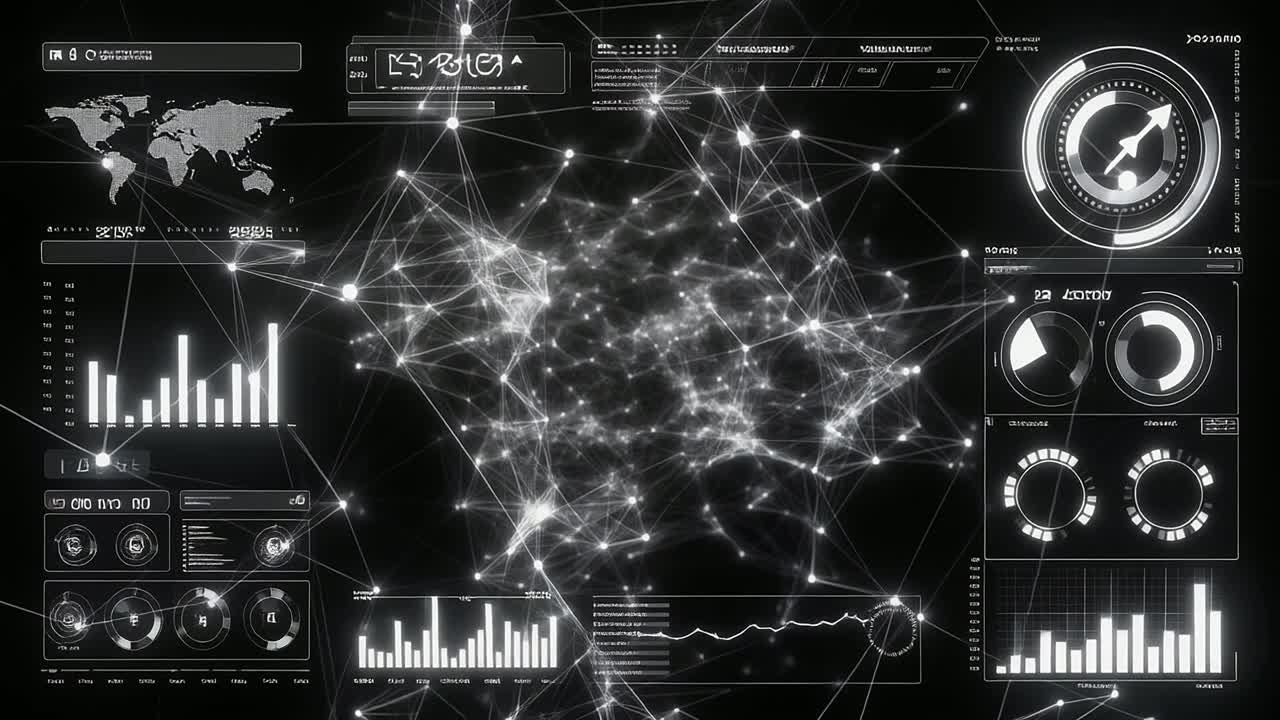 Futuristic Digital Interface with Data Visualization and Network Connections