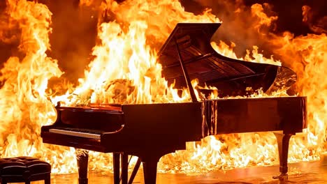 a piano on fire with a stool in front of it