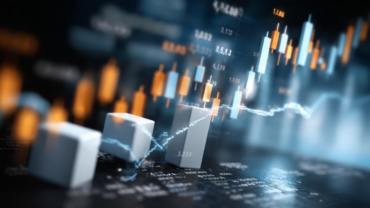 Dynamisk aktieanalyse illustreret med candlestick-diagrammer og datavisualisering, der viser markedstendenser, udsving og finansiel dynamik