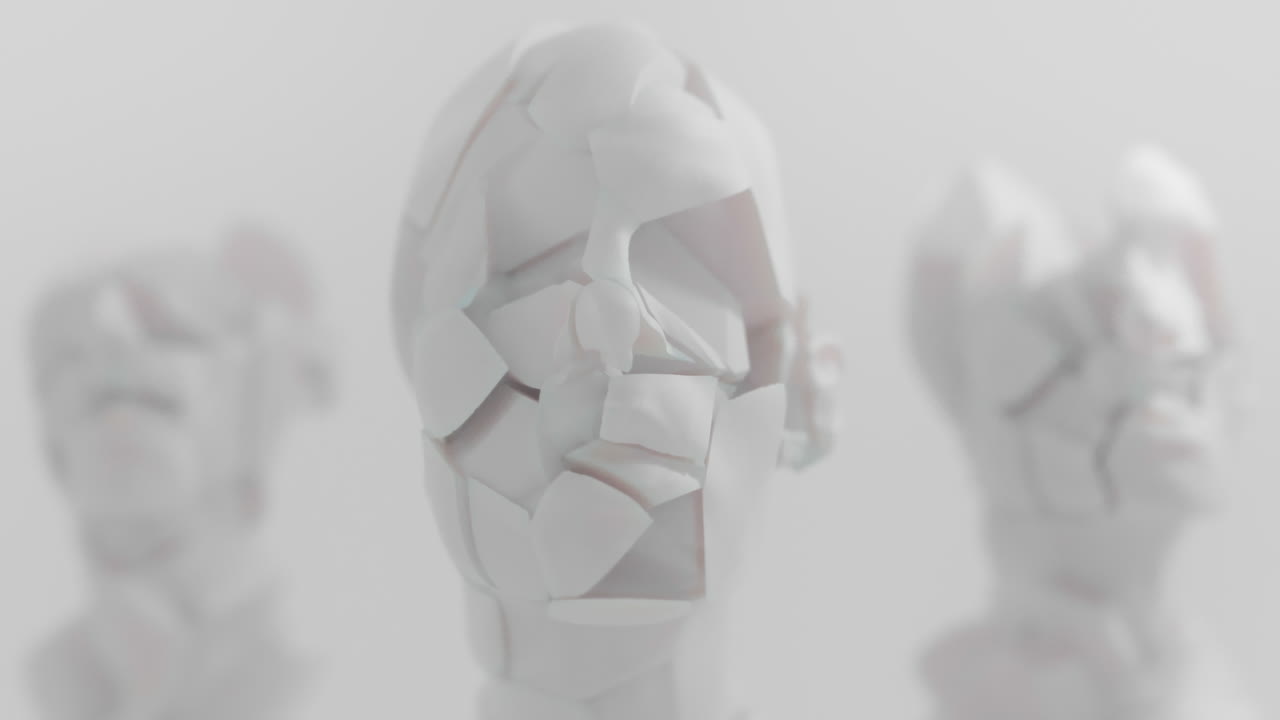 Three crushed android heads on spikes in white space