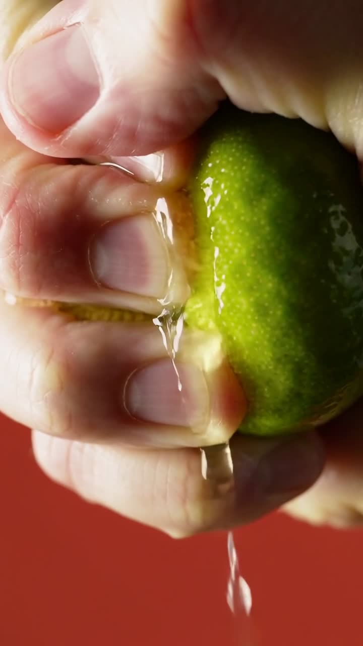 Una sola mano exprimiendo una lima verde en un primer plano de estudio, con gotas de jugo y un fondo rojo.