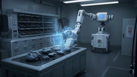 advanced robotics in a laboratory setting: a futuristic arm manipulating geological samples with digital visualization of mineral composition and characteristics