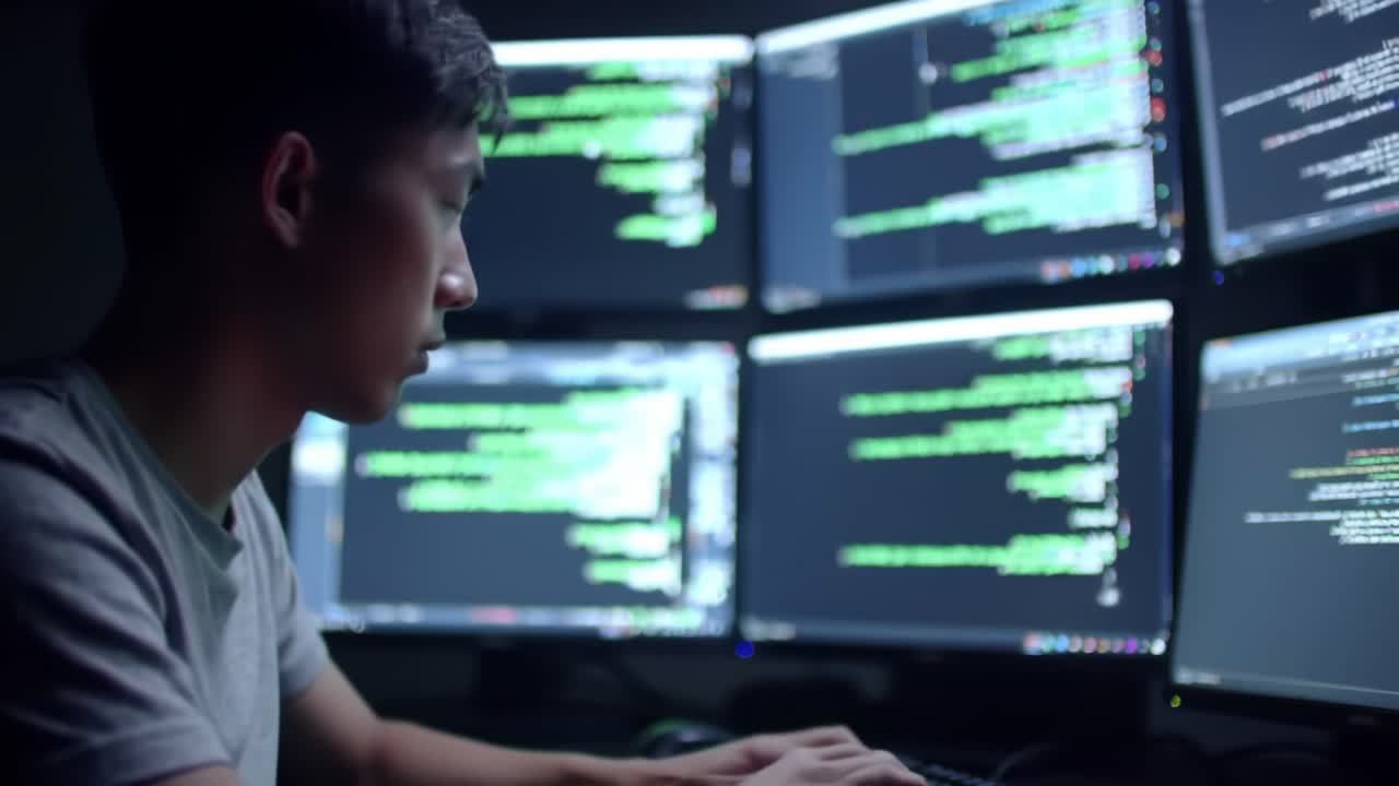 Focused Programmer Analyzing Code on Multiple Monitors in a Dimly Lit Room, Showcasing Concentration and Technical Skill in Software Development