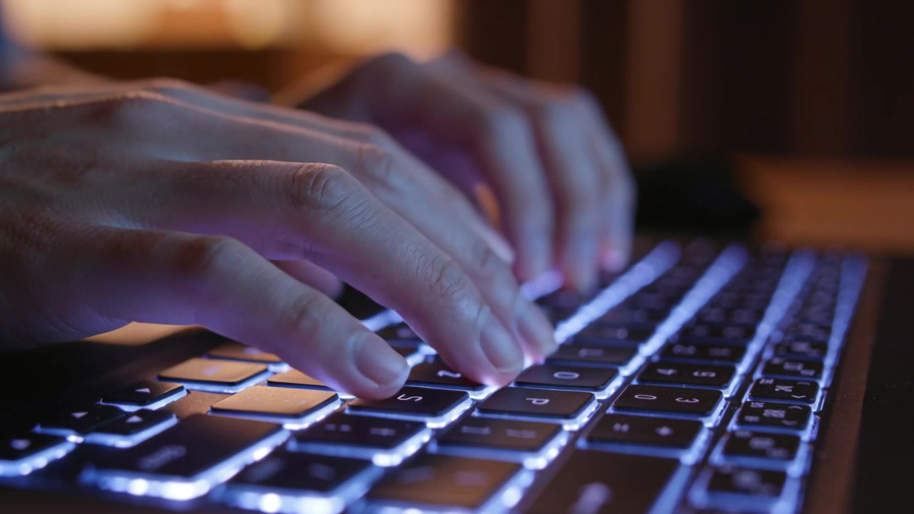 Par de manos tecleando, comenzando con un movimiento de flotación y luego tocando un teclado retroiluminado en un escritorio, componiendo un mensaje.