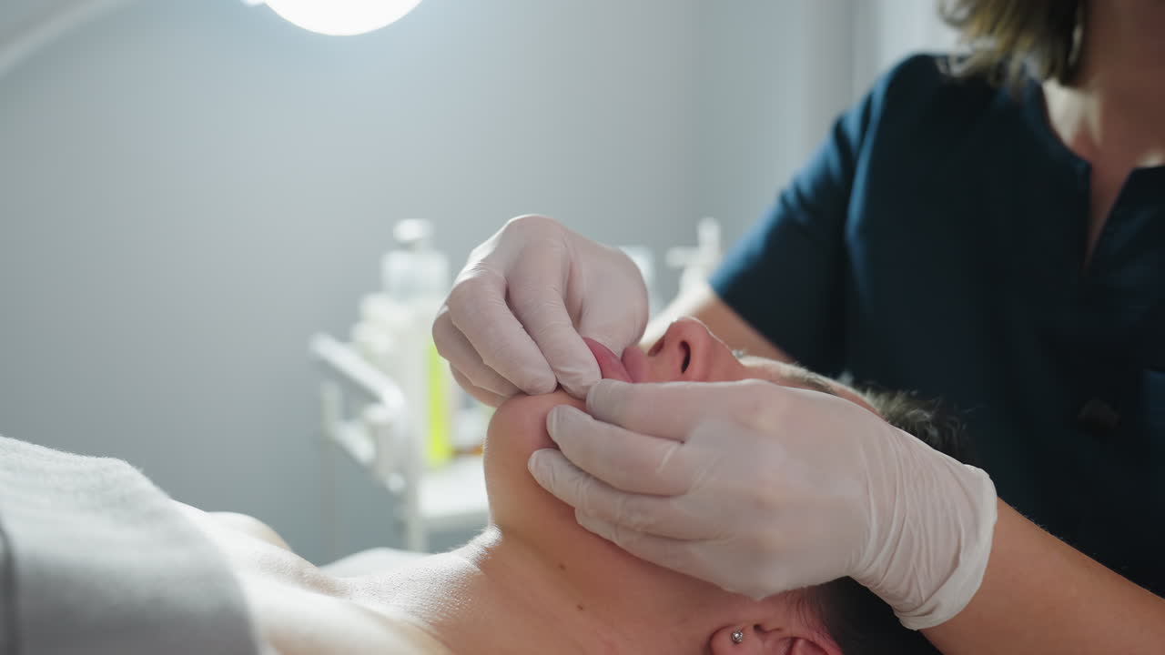 Lower lips of female client gently pressed and smoothed by treatment provider wearing clinical gloves during facial massage session under bright lamp conveying calm care and precision touch