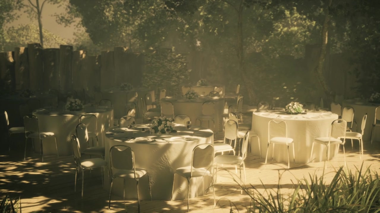 Elegant outdoor dining setup with soft light in a serene garden setting