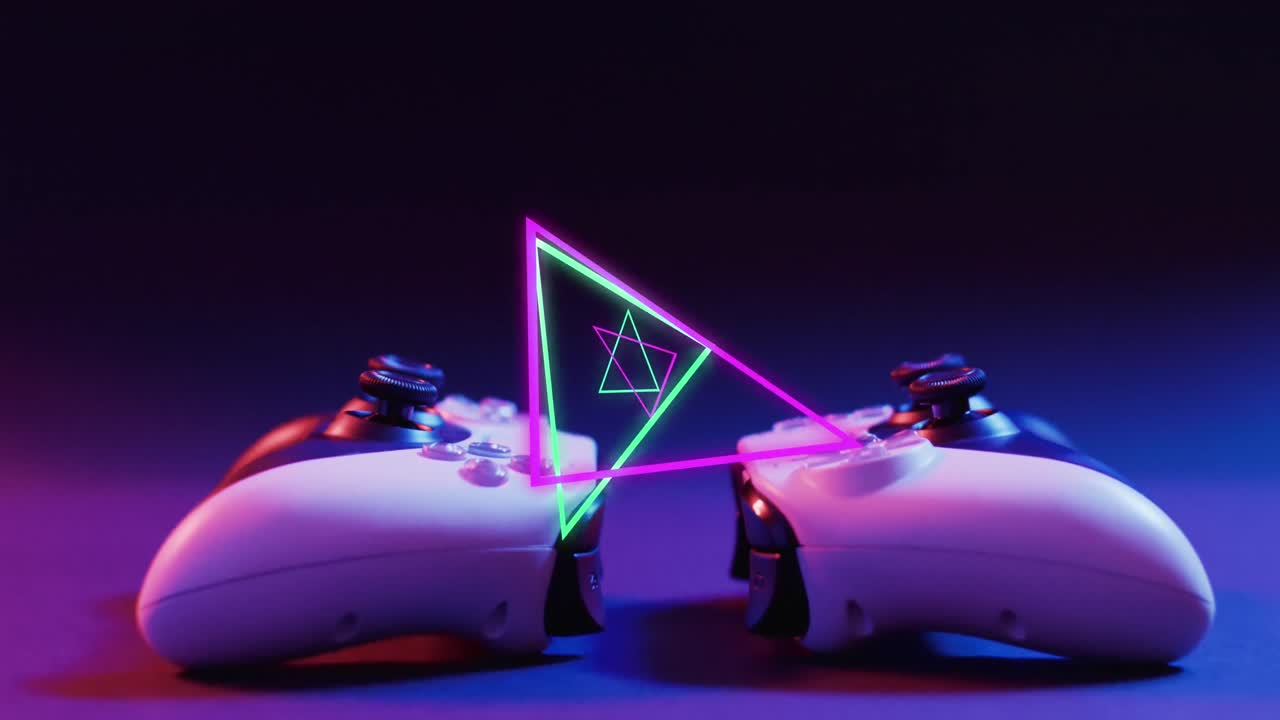 Animation of neon triangles over video game computer pads