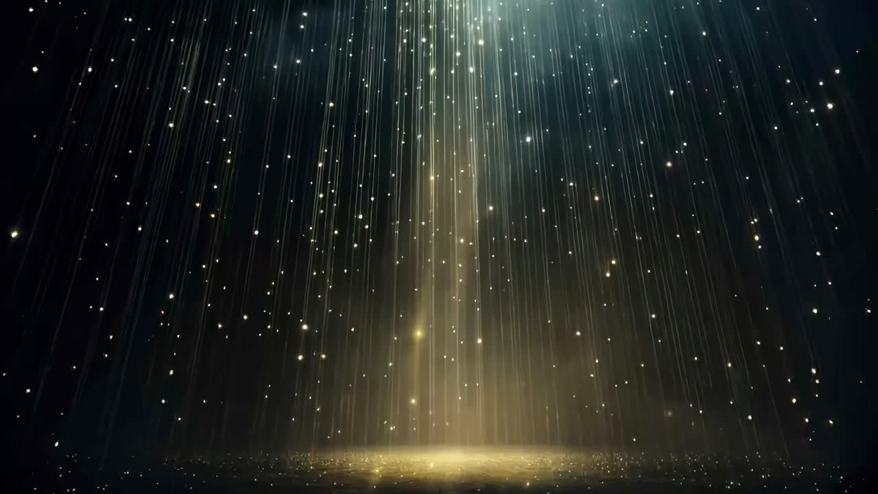 A mesmerizing video of glowing particles falling from above, captured from a low angle