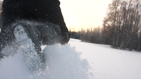 Person-walking-trough-deep-Nordic-snow-in-forestry-area,-back-slow-motion-shot