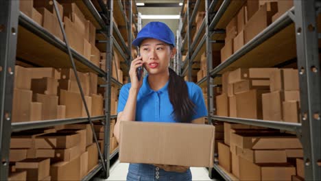 mensajera asiática en uniforme azul hablando en teléfono inteligente mientras entrega un cartón en el almacén
