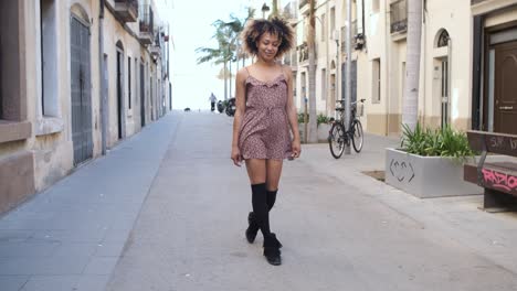 stylish woman strolling on street