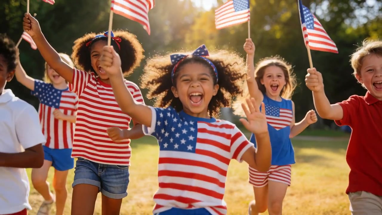 Sentendo una chiamata fuori campo, sei bambini con magliette patriottiche corrono sventolando bandiere americane attraverso un campo illuminato dal sole.