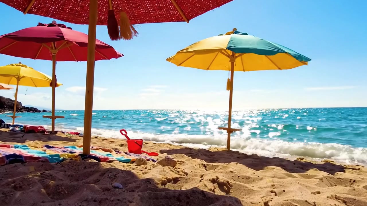 Una serena scena da spiaggia con ombrelloni vivaci, onde oceaniche scintillanti e bellissime conchiglie che costeggiano la riva sabbiosa sotto un cielo azzurro e limpido