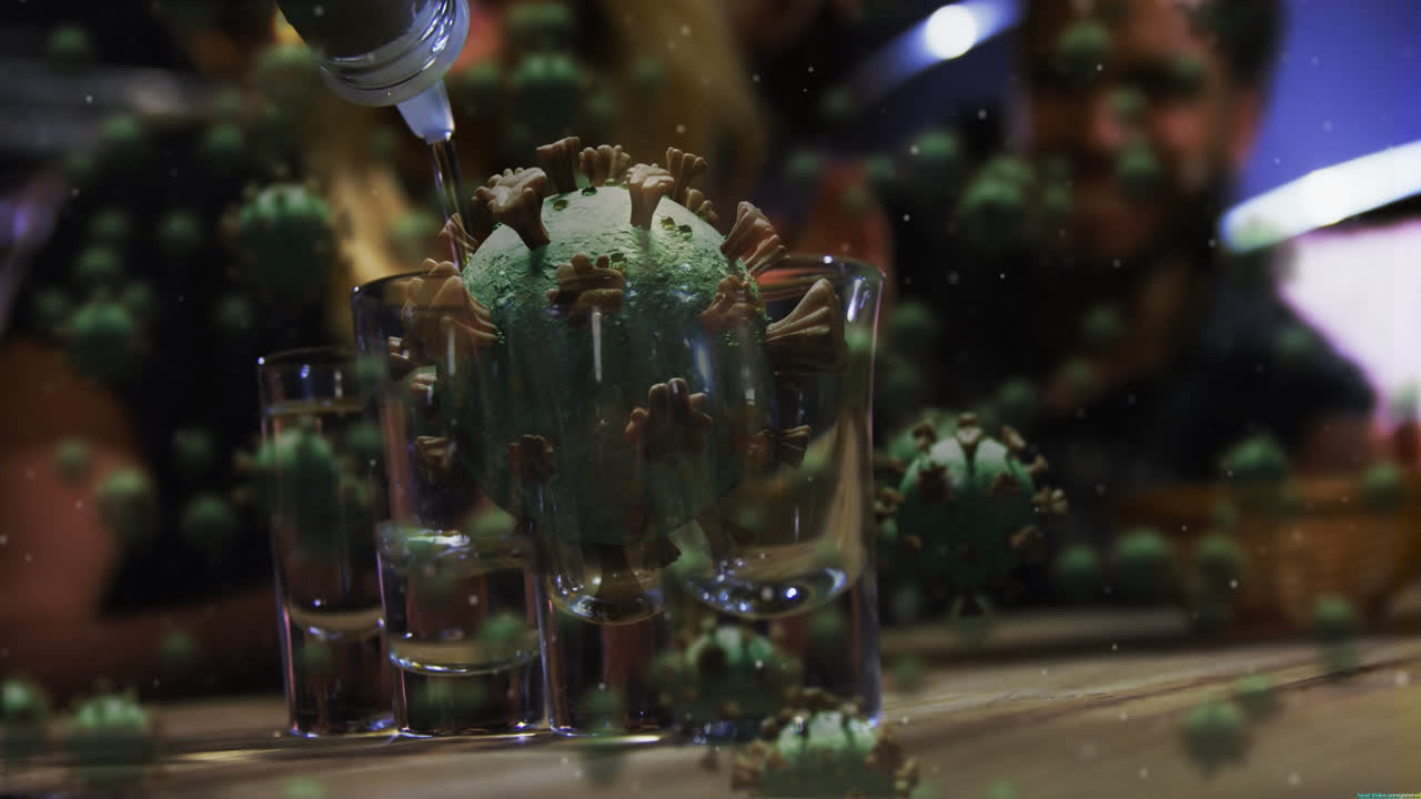 코로나19 세포가 술잔에 알코올을 부는 바텐더를 향해 움직이는 디지털 복합 비디오