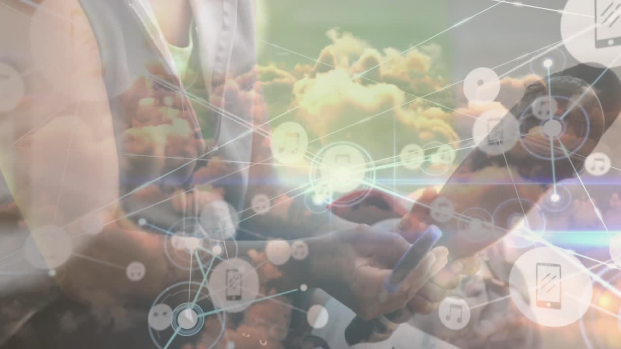 연결 네트워크의 애니메이션과 장애인 백인 남성 위의 구름과 하늘