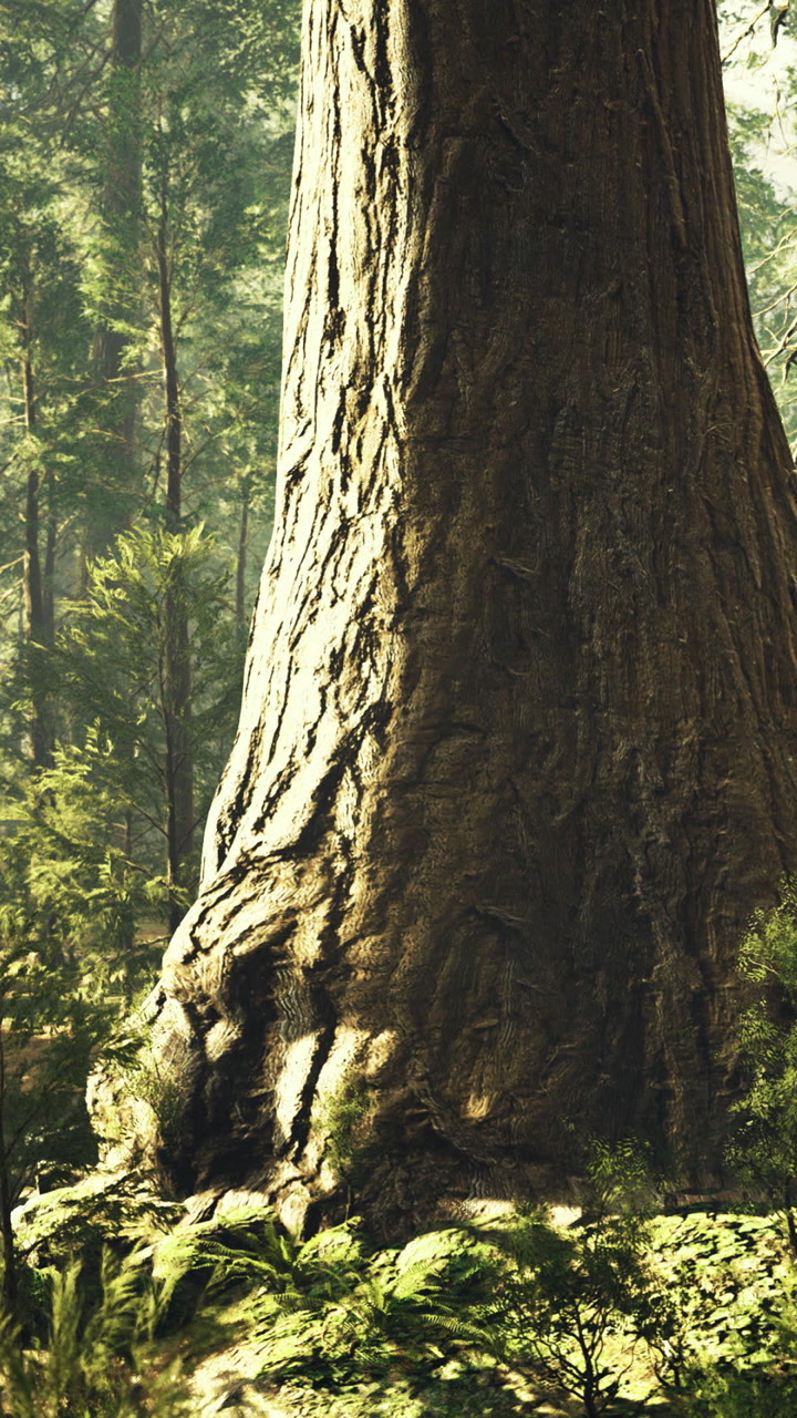 Large tree trunk stands among trees in forest during daytime sunlight