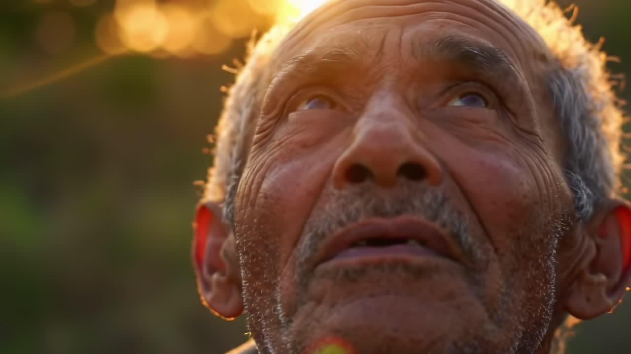 An Elderly Man Gazes Hopefully Towards the Sky, Captivated by the Beauty of Nature's Light During the Golden Hour of Sunset