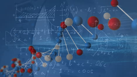 animación de adn y procesamiento de datos científicos sobre fondo azul