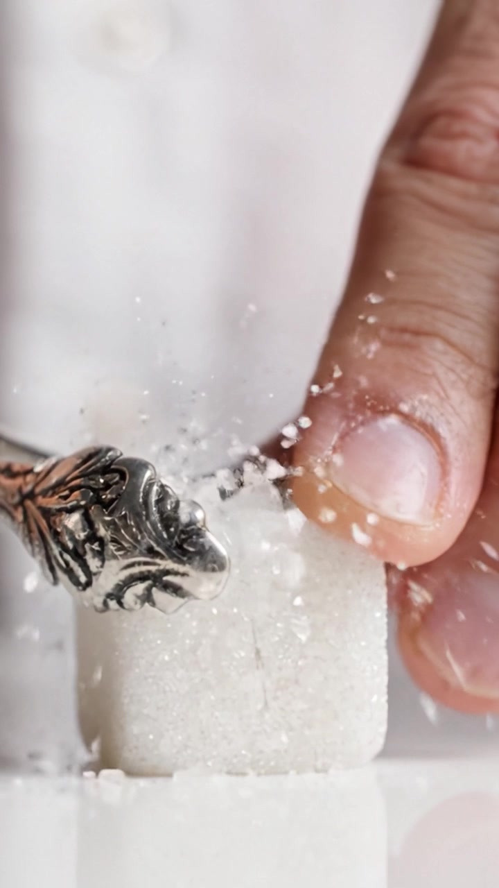 Primo piano di una mano che solleva delicatamente un anello d'argento da un lucido cubetto di zucchero bianco, mettendo in mostra dettagli intricati su uno sfondo pulito e minimalista.