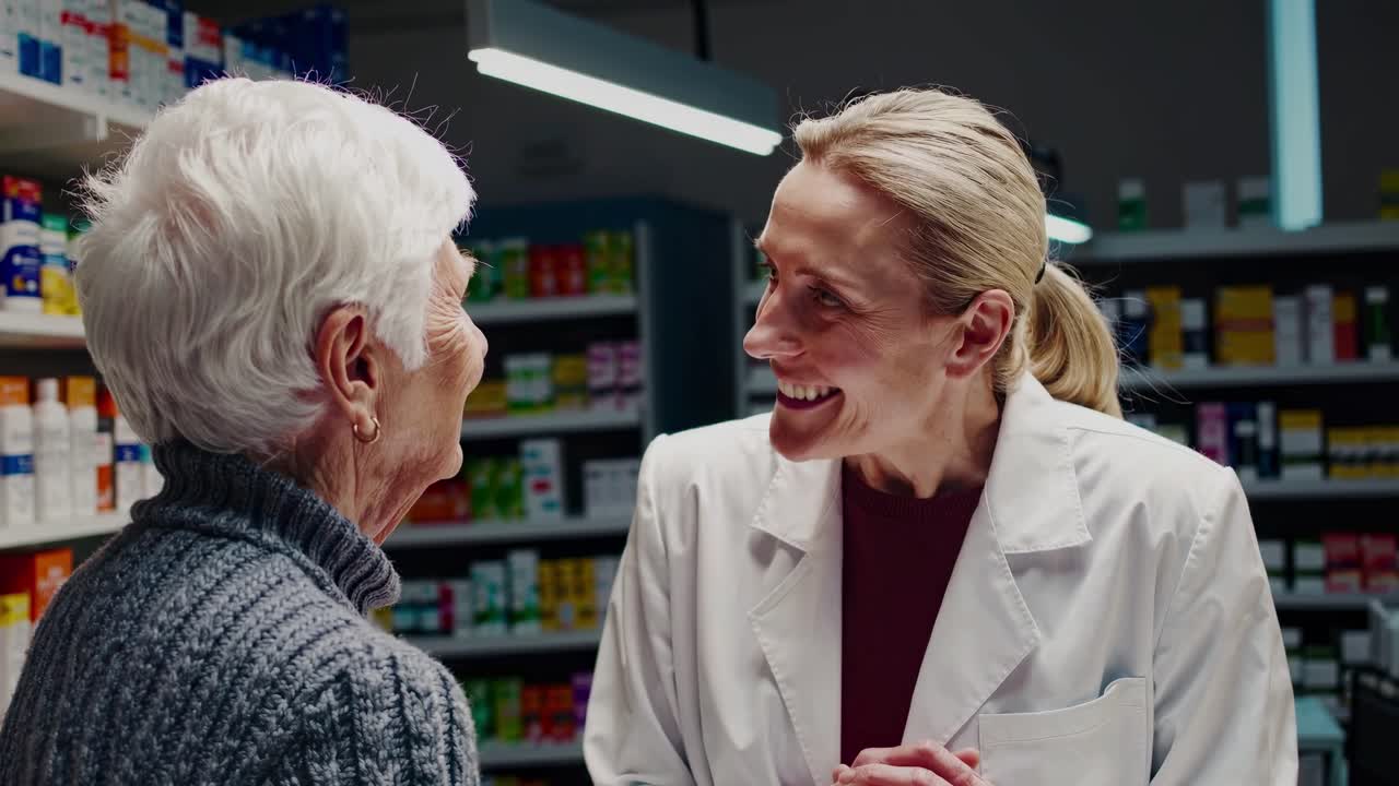 A friendly pharmacist assists an elderly customer in a pharmacy. Shot from a medium angle, the video