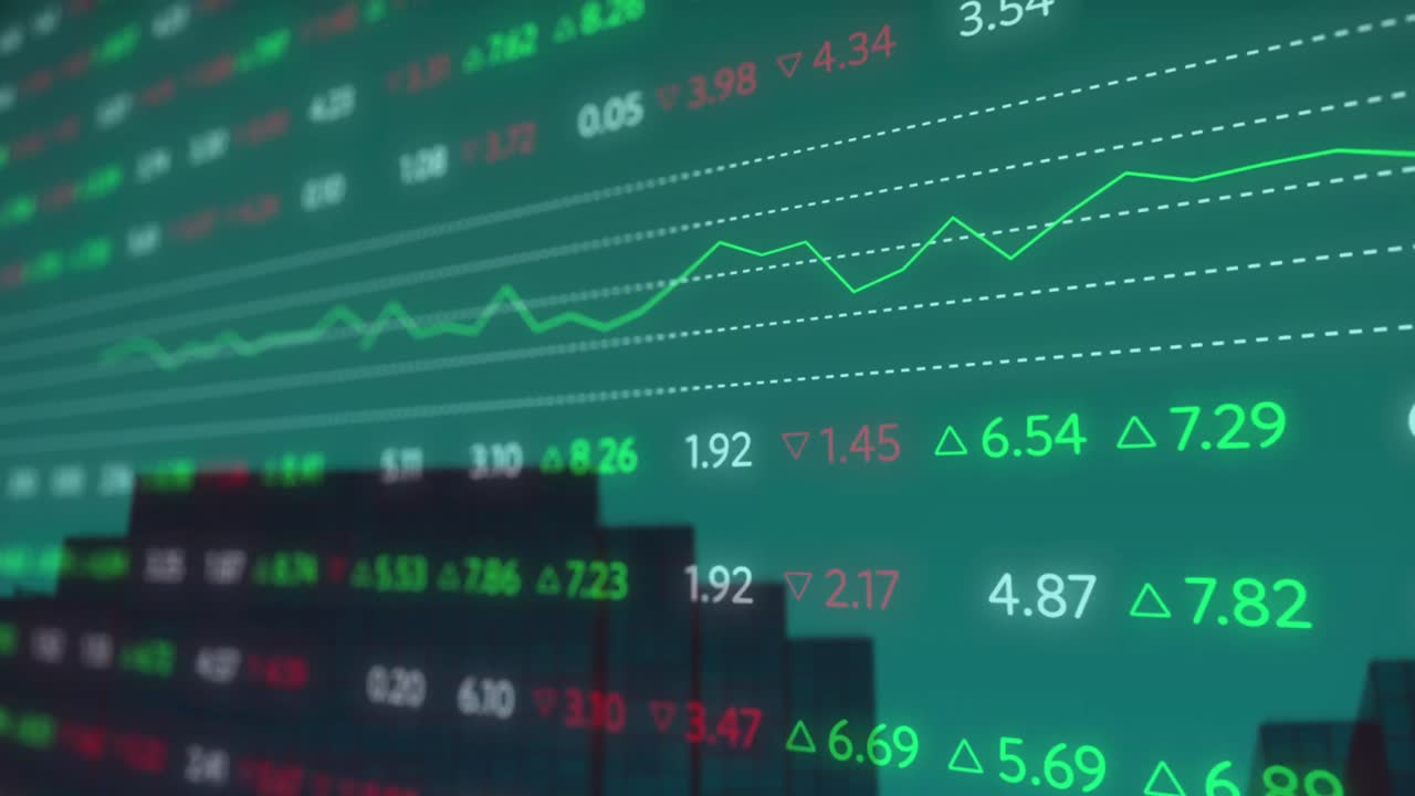 Animazione di elaborazione di dati del mercato azionario sullo sfondo di grattacieli.