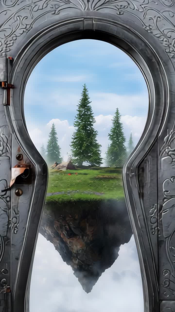 Vertical video: Turning key unlocking ornate door into magical sky, opening view to floating island