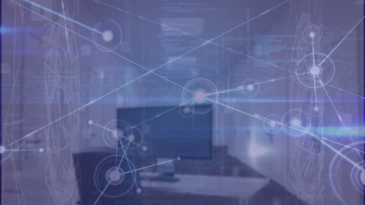 Animation of network of connections and blue light trails against office desk