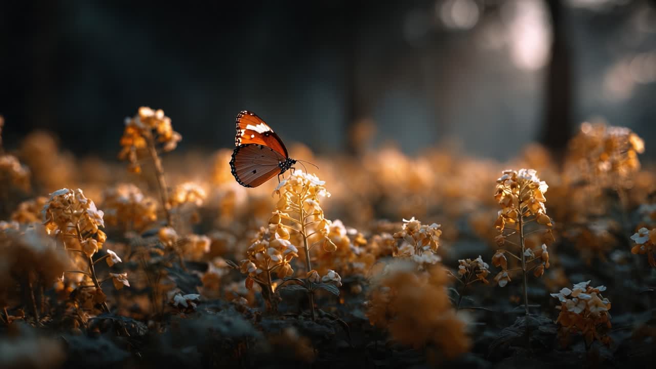 Una suggestiva scena di farfalle colorate che danzano tra fiori dorati in un sereno ambiente esterno, catturata con una splendida luce
