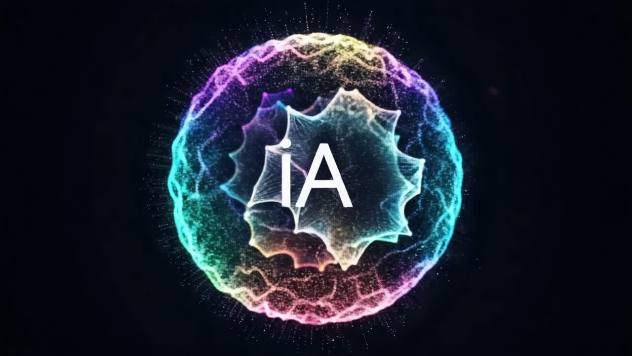 Visually Stunning Representation of an Abstract Sphere Featuring the Letter 'iA', Pulsating with Colorful Lights, Shapes, and Patterns Against a Dark Background
