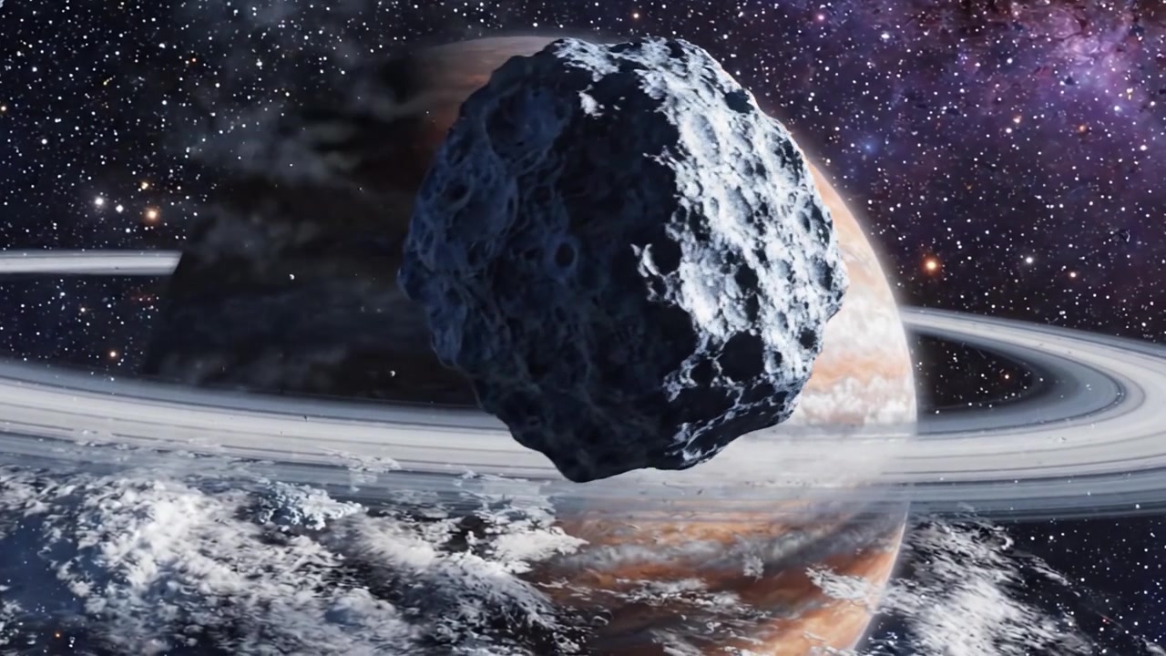 Una vista mozzafiato di un pianeta distante, che mostra la sua grandezza atmosferica accanto a un asteroide affascinante, completata da anelli maestosi e un cosmo stellato.