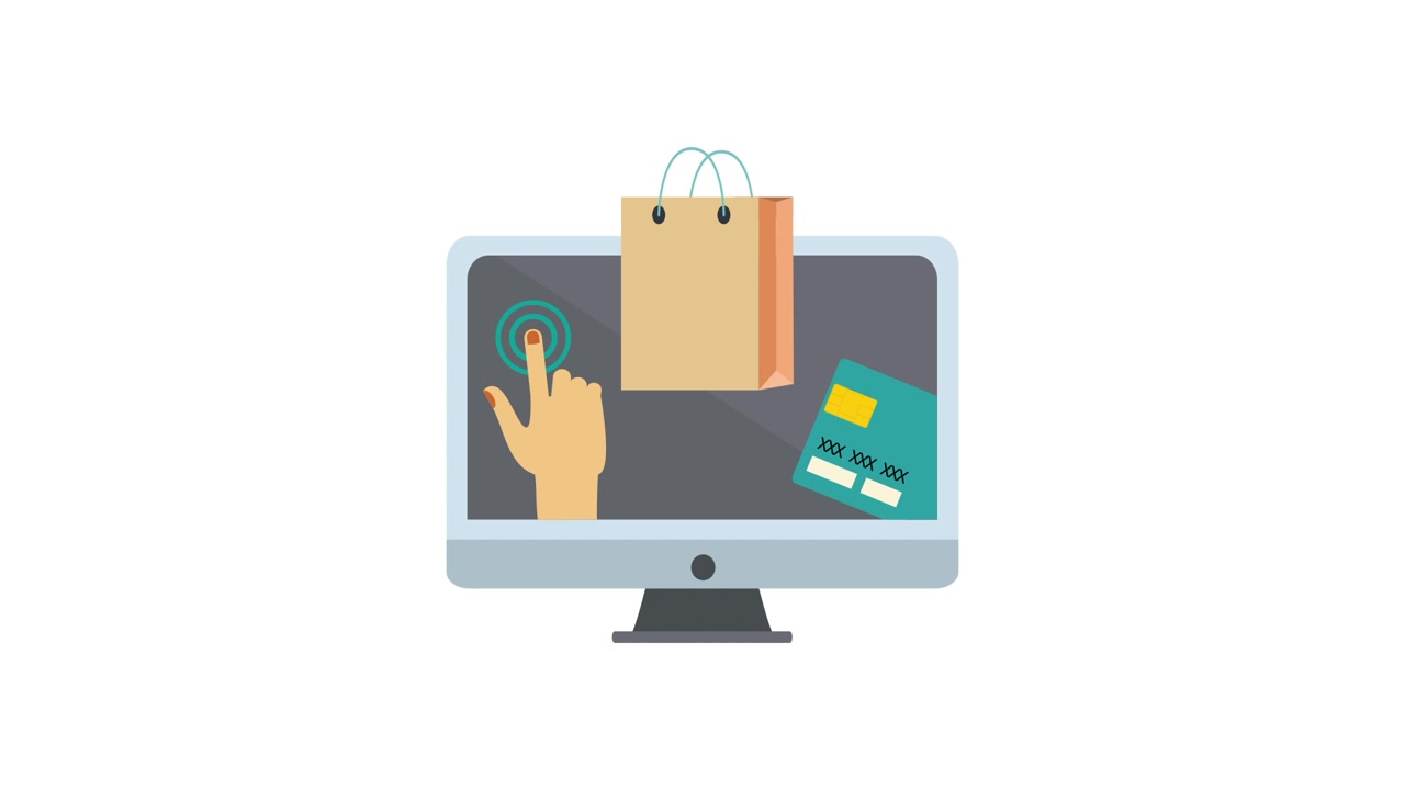 Animazione di shopping online e pagamento sullo schermo del computer.