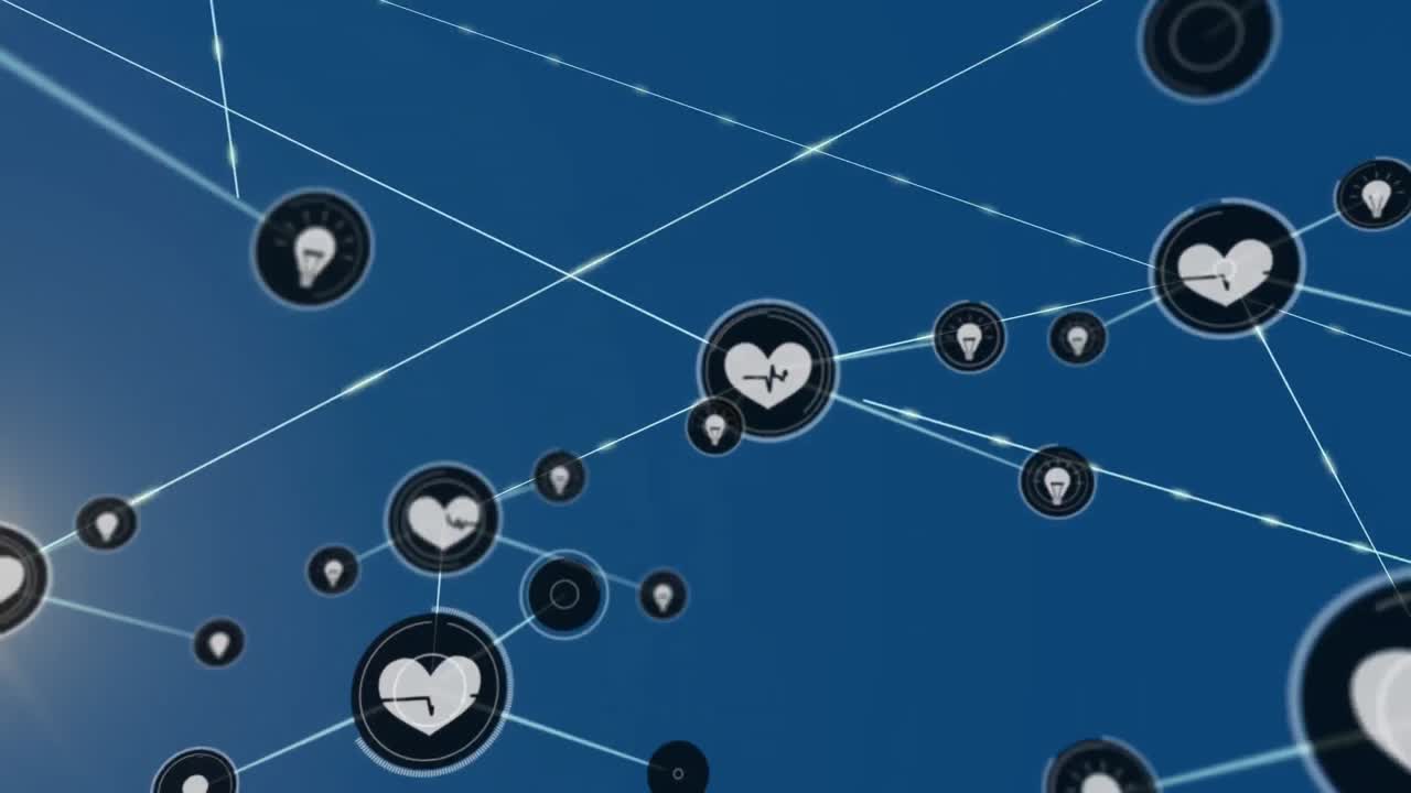 animación de la red de conexiones con iconos sobre fondo azul