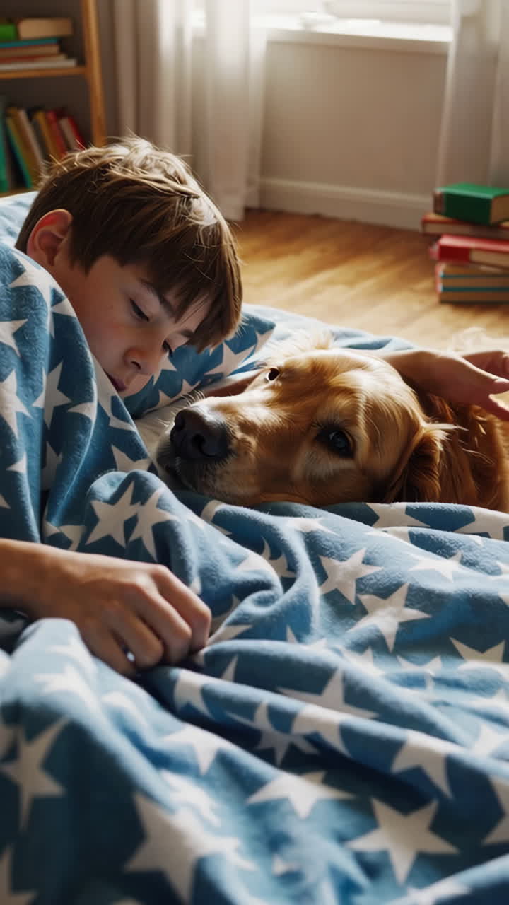 Boy and Golden Retriever dog cozy in bed under a star blanket