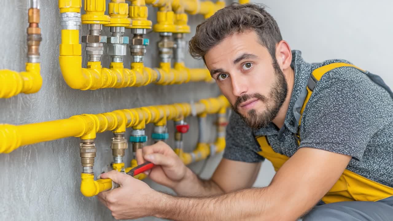 Skilled Technician Working on Yellow Pipe System: An Expert Handyman Adjusting Valves and Fittings in Modern Plumbing Installation for Building Maintenance