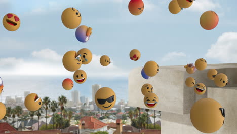 digital animation of multiple face emojis floating against cityscape in background