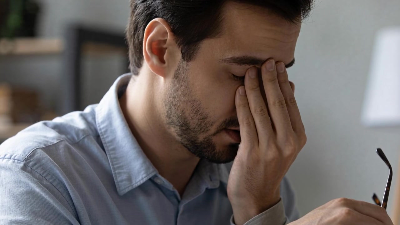 Uomo con camicia blu che abbassa gli occhiali e si strofina il ponte del naso alla scrivania, alleviando l'affaticamento visivo