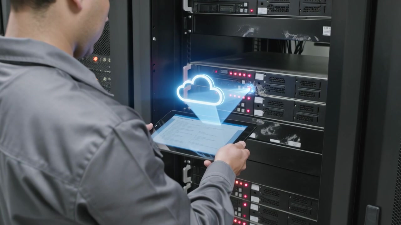Projecting cloud from tablet, technician checking drives verifying status at rack in gray shirt