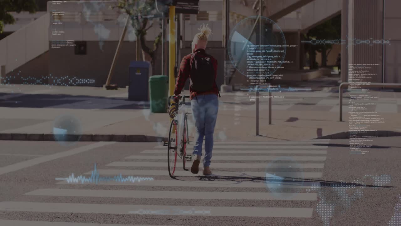 Animation of globe and data processing over african american albino man on zebra crossing