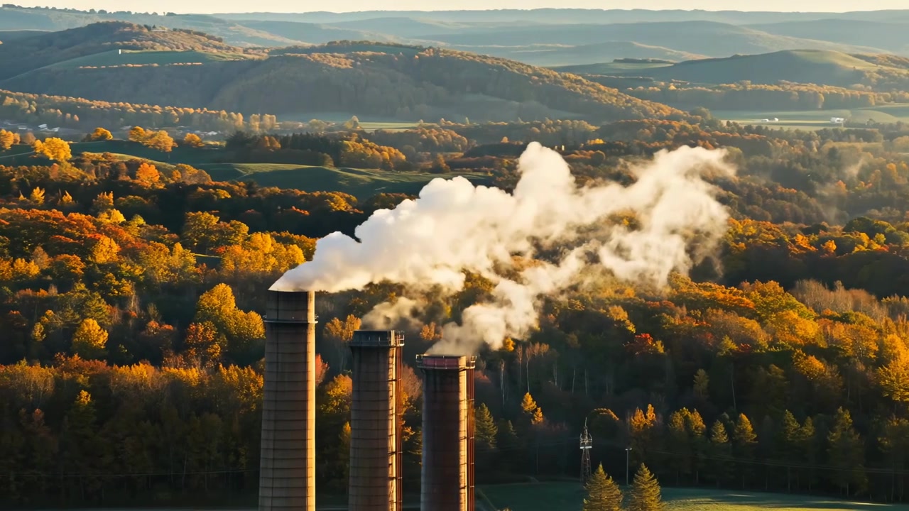 Vista aerea di una centrale elettrica industriale in mezzo a una foresta autunnale.