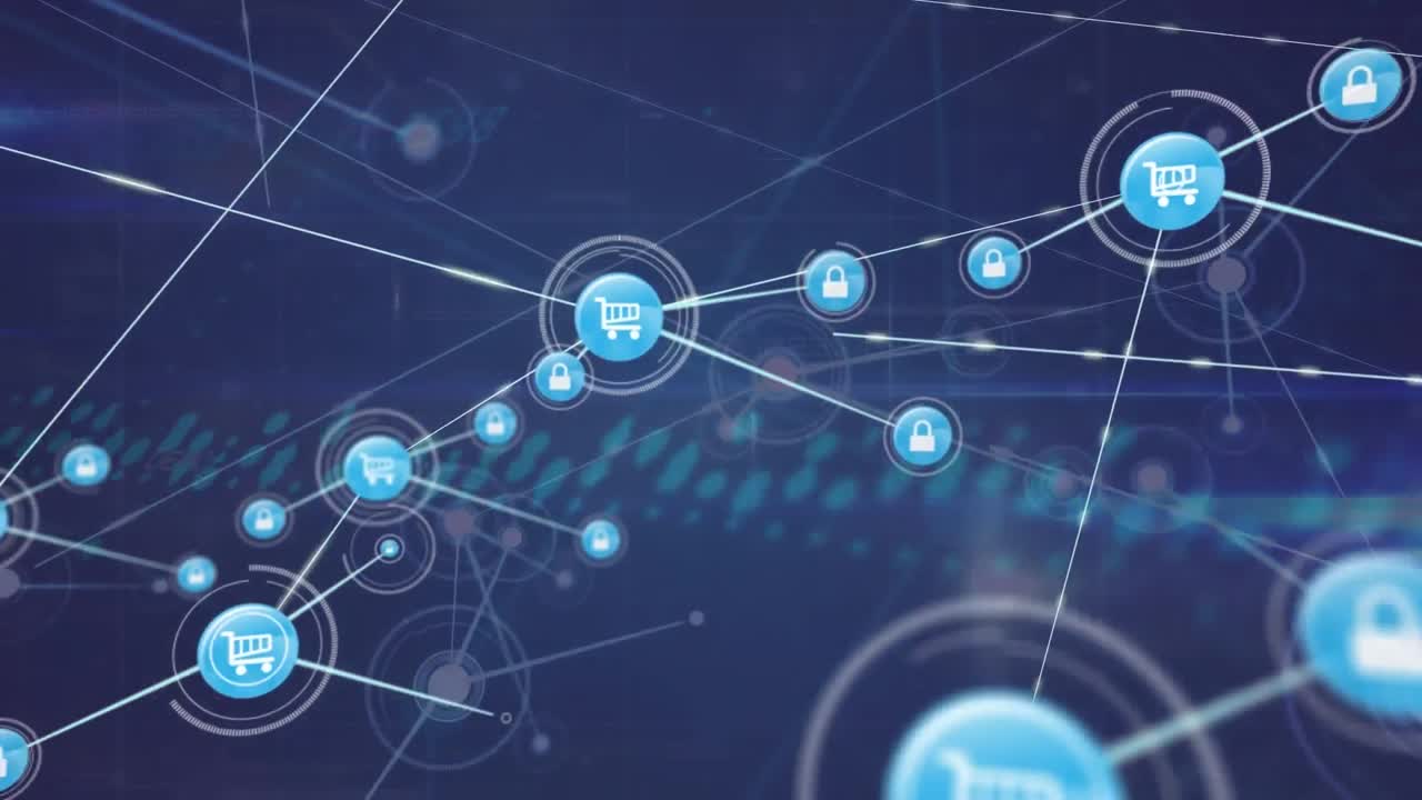 animación de una red de iconos digitales y rastros de luz contra un fondo azul