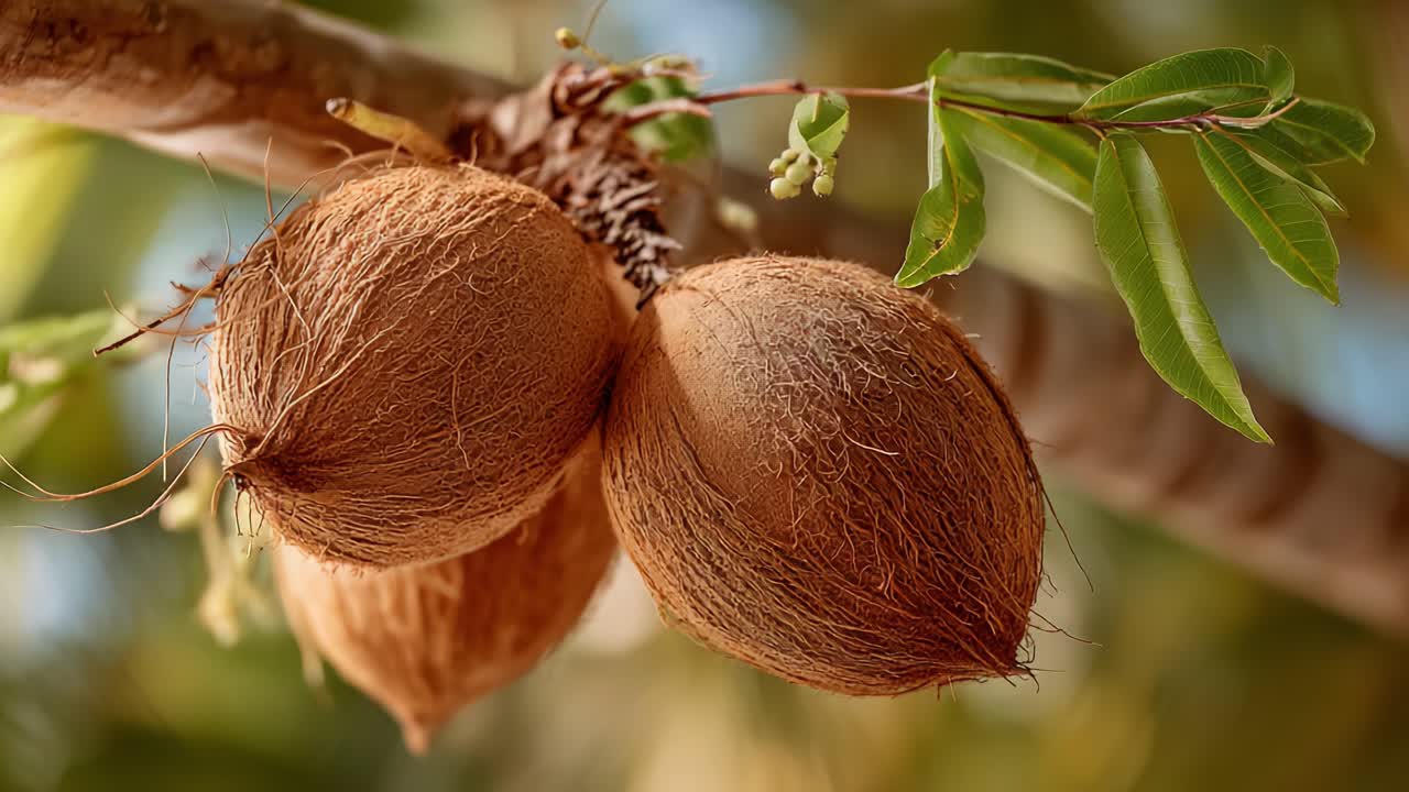 Close-up detalhado de vagens de sementes marrons naturais penduradas em um galho, cercadas por folhas verdes em um ambiente exuberante sob luz suave.