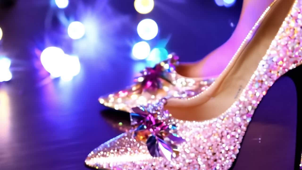 Shimmering close up of sparkling high heels adorned with intricate crystal details, capturing their elegance against a vibrant background