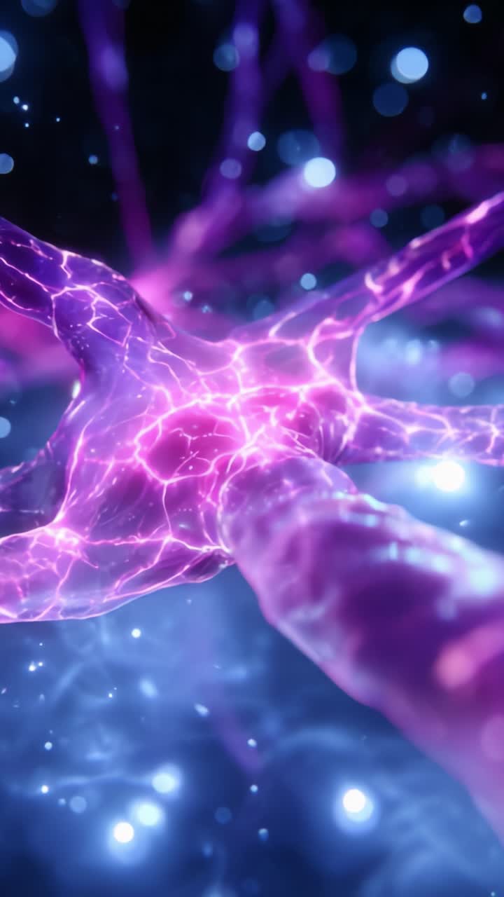 Close-Up View of a Glowing Neuron and its Synaptic Connections, Showcasing Intricate Design and Dynamic Electrical Activity in a Vibrant Purple Hue