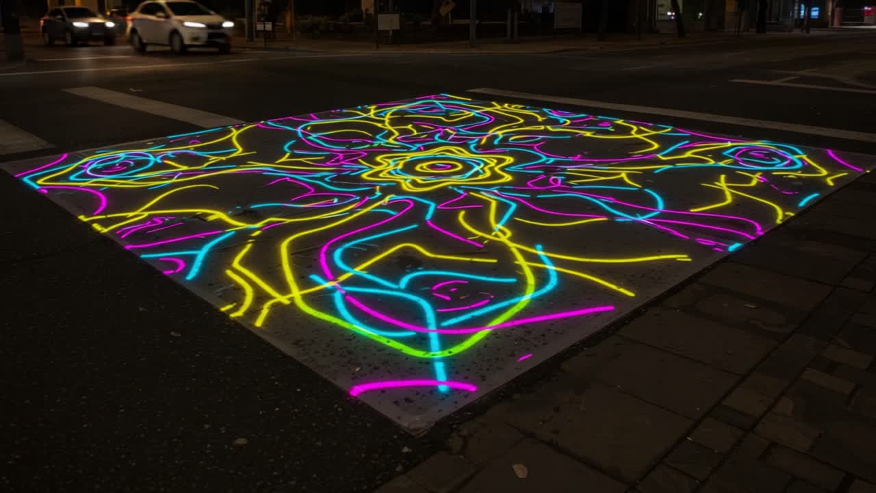 Vibrant Street Art Installation Illuminates Crosswalk with Intricate Neon Patterns, Transforming Urban Landscape into a Colorful Artistic Experience at Night